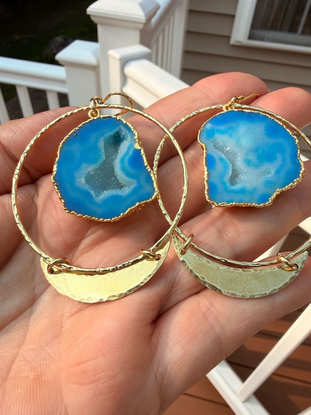 Gold Hoop Earrings with Sparkling Blue Agate Slice Large Gemstone Raw Druzy